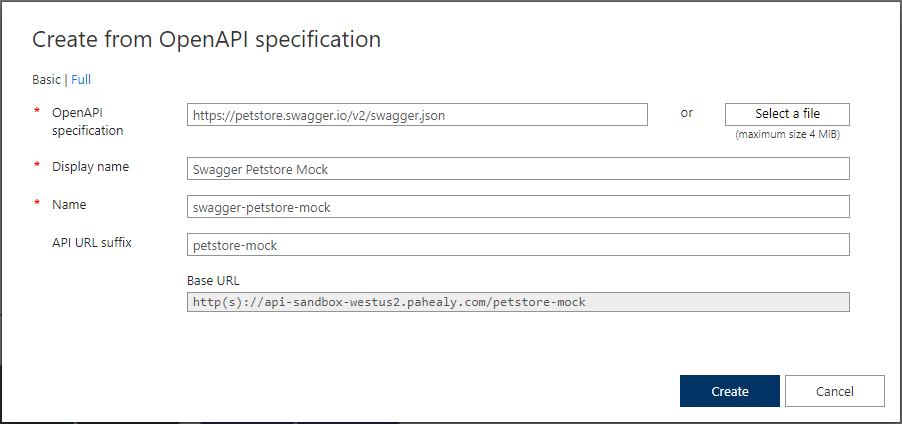 filled in create from OpenAPI specification field